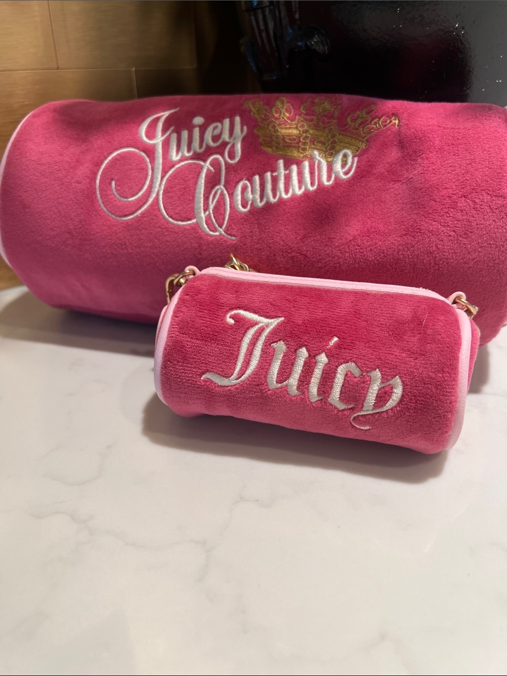Juicy Couture Hot Pink Velvet Embroidered Barrel Cosmetic Bag Set